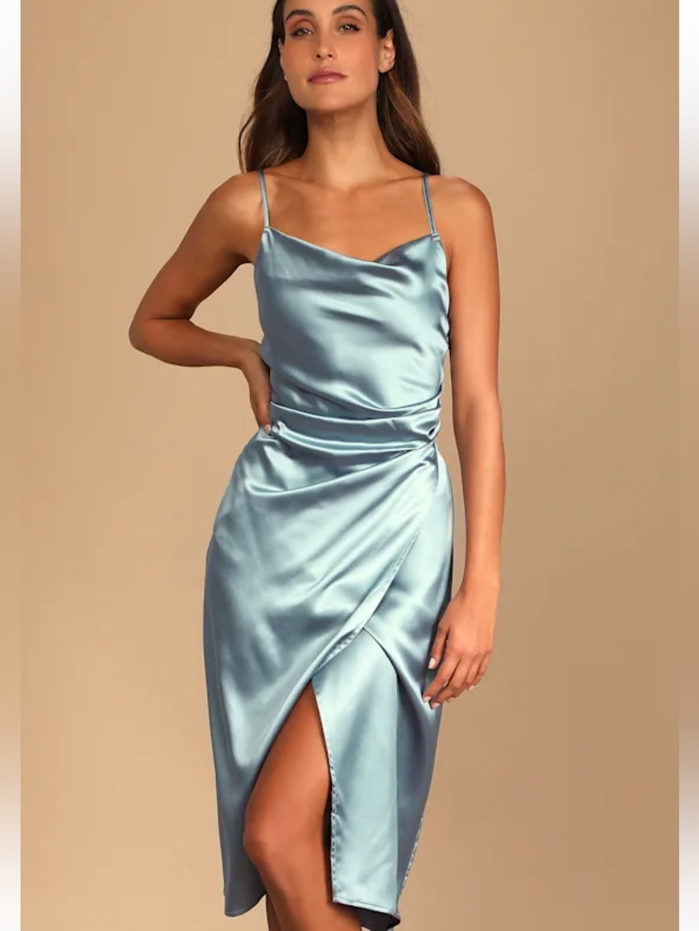 New Lulus Hollywood Romance Satin Cowl Neck Slip Dress in Light Blue Sz Small